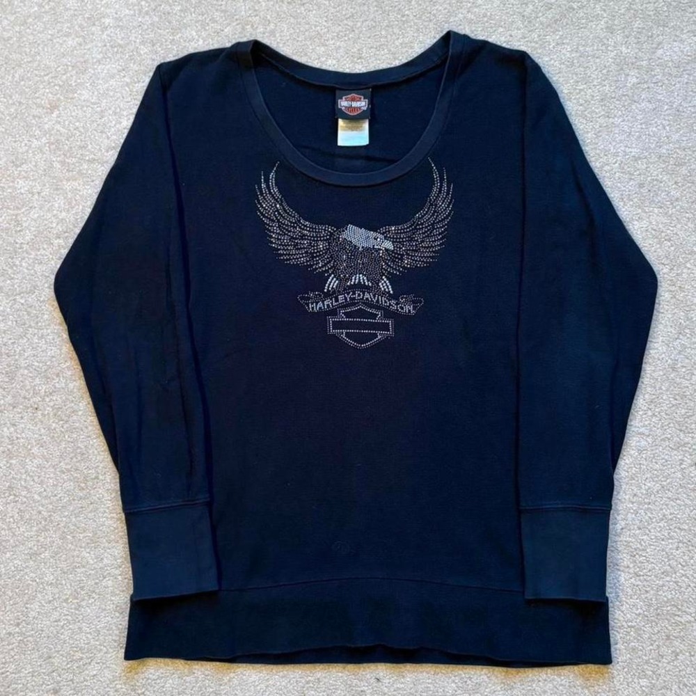 Harley Davidson Rhinestone‎ Eagle Thermal Shirt Y2K Waffle Knit Black XL Biker